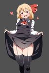  ascot black_dress black_legwear blonde_hair dress dress_lift garter_straps hair_ribbon heart long_sleeves open_mouth red_eyes ribbon rumia shinori shirt skindentation smile solo thighhighs thighs touhou 