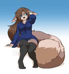  anthro brown_hair clothed clothing feline female gradient_background hair invalid_tag kittydee legwear mammal simple_background sitting smile solo thigh_highs wide_hips 