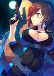  beretta_92 blush bodysuit breasts brown_eyes brown_hair cleavage gun handgun hiding holding holding_weapon jill_valentine large_breasts long_hair md5_mismatch monster moon night night_sky pistol resident_evil resident_evil_revelations sky solo tamiya_akito weapon 