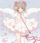  angel_wings antenna_hair artist_name bangs blush bow brown_hair cardcaptor_sakura choker flower frills gradient gradient_background green_eyes hair_ornament hoshi_no_tsue kinomoto_sakura looking_at_viewer magical_girl mia0309 petals pink_choker puffy_sleeves ribbon-trimmed_legwear ribbon_trim short_hair short_sleeves simple_background single_thighhigh solo thighhighs two_side_up wand white_legwear wind wings 