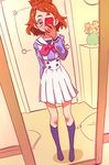  ammonio bedroom blue_eyes brown_hair cellphone flower flower_pot full_body go!_princess_precure hair_ornament happy haruno_haruka indoors kneehighs long_sleeves mirror no_shoes phone pleated_skirt precure purple_legwear reflection room sailor_collar school_uniform self_shot serafuku skirt smartphone smile solo sparkle sparkling_eyes standing white_sailor_collar white_skirt 