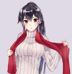  black_hair breasts casual hair_between_eyes ichinomiya_(blantte) kantai_collection large_breasts long_hair looking_at_viewer parted_lips ponytail red_eyes red_scarf ribbed_sweater scarf sidelocks solo sweater turtleneck upper_body very_long_hair yahagi_(kantai_collection) 