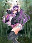  4_ii_il animal_ears arched_back bamboo bamboo_forest bunny_ears bunny_pose bunny_tail forest frilled_skirt frills long_hair miniskirt nature necktie panties purple_hair red_eyes reisen_udongein_inaba shirt shoes side-tie_panties skirt solo tail thighhighs touhou underwear white_panties wind wind_lift 