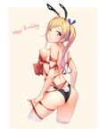  :o animal_ears animal_print ass back bangs beige_background black_panties blonde_hair blue_ribbon breasts bunny_ears bunny_print bunny_tail cowboy_shot ear_ornament english from_behind gradient_hair hair_ribbon happy_birthday highres juesnow kawakami_mai large_breasts long_hair looking_at_viewer looking_back mole mole_under_eye multicolored_hair musaigen_no_phantom_world naked_ribbon panties purple_eyes purple_hair red_ribbon ribbon side_ponytail sideboob simple_background sketch solo swept_bangs tail thighhighs underwear white_legwear 