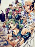  baseball_cap black_eyes blue_hair braid brown_hair cloud dark_skin dark_skinned_male double_bun emporio_alnino enrico_pucci ermes_costello fishnets foo_fighters green_eyes green_hair green_lipstick hat jojo_no_kimyou_na_bouken kuujou_jolyne kuujou_joutarou lipstick long_coat long_hair makeup multicolored_hair narciso_anasui overalls photo pink_hair pink_lipstick purple_hair qi_(bleachcxn) short_hair stone_ocean string traditional_media two-tone_hair weather_report white_hair 