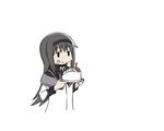 akemi_homura black_hair blank_stare cake candle capelet commentary_request expressionless food food_on_face hairband holding long_hair long_sleeves mahou_shoujo_madoka_magica oda_takayuki ribbon simple_background solo white_background |_| 