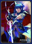  armor blue_eyes blue_hair cape copyright_name fingerless_gloves fire_emblem fire_emblem:_monshou_no_nazo fire_emblem_cipher gloves highres jewelry kozaki_yuusuke male_focus marth official_art serious short_sleeves solo sword tiara weapon 