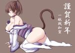  ass breasts brown_background brown_eyes brown_hair choker cleavage highres jema kaga_(kantai_collection) kantai_collection large_breasts looking_at_viewer short_hair side_ponytail solo tail thick_thighs thighs translation_request white_legwear 