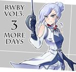  blue_eyes countdown eyebrows eyebrows_visible_through_hair gloves hair_bun highres iesupa rapier rwby silver_hair solo sword weapon winter_schnee 