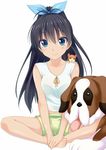  animal animal_on_shoulder aqua_eyes bare_arms bare_legs barefoot black_hair butterfly_sitting collarbone commentary_request dog ganaha_hibiki green_shorts hair_ribbon hamster hamuzou hands_on_own_feet high_ponytail idolmaster idolmaster_(classic) inumi kue long_hair looking_at_viewer ponytail ribbon shirt short_shorts shorts simple_background sleeveless sleeveless_shirt smile solo st_bernard v_arms very_long_hair white_background 