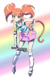  bell bell_choker breasts cat_tail choker cleavage earrings full_body green_eyes hand_on_hip highres iesupa jewelry leaning_forward medium_breasts multicolored_hair navel neon_katt orange_hair quad_tails roller_skates rwby shorts shorts_under_skirt skates skirt smile solo streaked_hair tail 