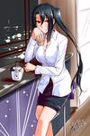  alcohol bar black_hair breasts brown_eyes cleavage cup kantai_collection looking_at_viewer medium_breasts mikage_takashi nachi_(kantai_collection) side_ponytail sitting skirt smile solo stool translated 