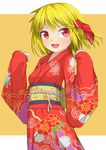  alternate_costume blonde_hair fang floral_print hair_ribbon japanese_clothes kimono long_sleeves looking_at_viewer obi open_mouth red_eyes ribbon rumia sash smile solo touhou uumaru wide_sleeves 
