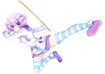  absurdres d-pad d-pad_hair_ornament hair_ornament highres hood hoodie jacket kicking neptune_(choujigen_game_neptune) neptune_(series) purple_eyes purple_hair short_hair sketch solo striped striped_legwear sword weapon wooden_sword zero-theme 