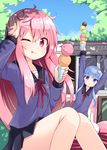  arms_up blue_eyes blue_hair blue_sky cloud crescent crescent_hair_ornament day double_scoop food hair_ornament highres ice_cream ice_cream_cone ice_cream_stand kantai_collection legs long_hair long_sleeves multiple_girls ominaeshi_(takenoko) one_eye_closed pink_eyes pink_hair school_uniform serafuku shirt sitting skirt sky smile tongue tongue_out uzuki_(kantai_collection) very_long_hair yayoi_(kantai_collection) 