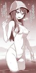  blush breasts cleavage girls_und_panzer hat long_hair medium_breasts mika_(girls_und_panzer) monochrome noripachi slingshot_swimsuit smile solo swimsuit translation_request wading 