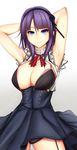  armpits arms_behind_head arms_up blue_eyes breasts cleavage dagashi_kashi highres large_breasts light_smile long_hair looking_at_viewer purple_hair shidare_hotaru simple_background solo tony_guisado white_background 