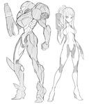 arm_cannon armor bad_source bodysuit breasts breasts_apart clenched_hand dual_persona finger_on_trigger from_side full_body gloves greyscale gun handgun helmet high_heels high_ponytail holding holding_gun holding_weapon impossible_bodysuit impossible_clothes ken_(koala) legs_apart long_hair looking_at_viewer medium_breasts metroid monochrome ponytail power_suit samus_aran sidelocks simple_background sketch slender_waist standing turtleneck varia_suit visor weapon white_background zero_suit 