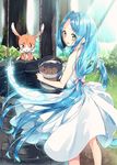  blue_hair bucket feathers green_eyes highres long_hair low_twintails original sakuragi_ren solo twintails water well 