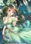  2015 :o animal_ears arch bangs bare_shoulders breasts brown_eyes brown_hair bunny bunny_ears castle cinderella cleavage cloud copyright_name cross crown door dress ek_masato eyebrows eyebrows_visible_through_hair fleeing frills glowing green_dress heart highres jewelry kemonomimi_mode large_breasts long_hair long_sleeves looking_back love_live! love_live!_school_idol_project minami_kotori minami_kotori_(bird) moon necklace night night_sky outdoors partially_translated pendant shadow silhouette skirt_hold sky solo_focus stairs translation_request very_long_hair 