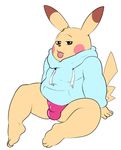  anthro barefoot bulge clothing digital_media_(artwork) eroborus flat_colors half-closed_eyes hoodie looking_at_viewer male mammal nintendo penis_outline pikachu plantigrade pok&eacute;mon rodent sitting solo spread_legs spreading thong tongue tongue_out video_games 