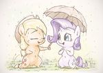  2015 applejack_(mlp) assasinmonkey blue_eyes chibi cowboy_hat cutie_mark equine eyes_closed female friendship_is_magic hat horn horse mammal my_little_pony pony raining rarity_(mlp) smile umbrella unicorn 