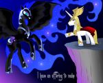  2011 armor blonde_hair blue_eyes blue_feathers blue_fur blue_hair clothing cutie_mark duo english_text equine feathered_wings feathers feral flying friendship_is_magic fur gradient_background hair helmet horn jewelry male mammal my_little_pony necklace nightmare_moon_(mlp) nightshroud prince_blueblood_(mlp) simple_background text unicorn white_fur winged_unicorn wings 