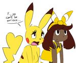  &lt;3 2016 anthro breasts brown_hair dark_skin dialogue disappointed duo elpatrixf english_text female hair hairband human mammal nintendo open_mouth pikachu pok&eacute;mon pok&eacute;morph simple_background small_breasts text video_games white_background white_sclera 