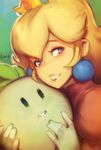  blonde_hair blue_eyes crown doxy earrings food gloves hair_between_eyes jewelry lips long_hair mario_(series) object_hug portrait princess_peach smile solo super_mario_bros. turnip vegetable white_gloves 