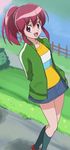  :d aino_megumi arms_behind_back denim denim_skirt happinesscharge_precure! haruyama_kazunori jacket open_clothes open_jacket open_mouth panties ponytail precure red_eyes red_hair shoes short_hair skirt skirt_lift smile socks solo track_jacket underwear 