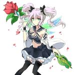  bad_id bad_pixiv_id black_legwear black_ribbon breasts cleavage detached_sleeves dragon_collection flower green_eyes hair_ribbon holding holding_weapon long_hair maromi_(am97) medium_breasts ribbon silver_hair simple_background solo thighhighs twintails weapon white_background 