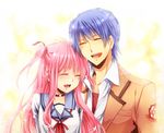  1girl angel_beats! blue_hair closed_eyes hair_ribbon hinata_(angel_beats!) long_hair open_mouth pink_hair ribbon shinri_mitsuba yui_(angel_beats!) 