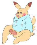  anthro balls barefoot blush bottomless clothing digital_media_(artwork) erection eroborus flat_colors half-closed_eyes hoodie humanoid_penis looking_at_viewer male mammal nintendo penis pikachu plantigrade pok&eacute;mon rodent sitting solo spread_legs spreading tongue tongue_out vein veiny_penis video_games 