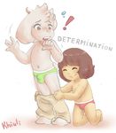  ! anthro asriel_dreemurr assisted_exposure barefoot briefs bulge caprine clothing cub duo english_text eyes_closed flying_sweatdrops goat human khiuli kneeling looking_back mammal navel open_mouth pantsing protagonist_(undertale) signature smile standing surprise sweat sweatdrop text topless undertale underwear video_games young 