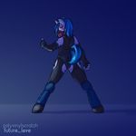  2016 anthro anthrofied blue_hair clothing elbow_gloves equine friendship_is_magic gas_mask gloves hair horn krd leather legwear lookin_back looking_at_viewer mammal mask my_little_pony piercing purple_eyes rubber skinsuit solo stockings tail_wrap tight_clothing unicorn vinyl_scratch_(mlp) 