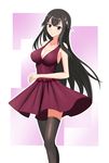  black_hair black_legwear breasts buddy_complex cat_hair_ornament cleavage hair_ornament highres long_hair looking_at_viewer medium_breasts northman purple_eyes smile solo thighhighs yumihara_hina 