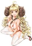  :d ahoge anila_(granblue_fantasy) bell between_breasts bikini blonde_hair blush breasts brown_eyes cleavage cover covered_nipples draph eyebrows ganari_ryuu geta granblue_fantasy highres horns jingle_bell large_breasts long_hair looking_at_viewer navel open_mouth sailor_collar sheep_horns shiny shiny_skin simple_background sitting skindentation smile solo swimsuit tamatoys thick_eyebrows thighhighs very_long_hair white_background white_bikini white_legwear 