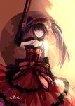  bad_id bad_pixiv_id black_hair clock_eyes date_a_live dress hairband heterochromia highres lolita_hairband long_hair open_mouth red_dress red_eyes signature solo swd3e2 symbol-shaped_pupils tokisaki_kurumi twintails 
