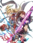  armor beatrix_(granblue_fantasy) blonde_hair blue_eyes brown_eyes brown_hair chromatic_aberration granblue_fantasy highres mephist-pheles multiple_girls polearm ponytail red_armor sword twintails weapon white_background zeta_(granblue_fantasy) 