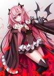 absurdres black_dress boots dress feathers flying highres krul_tepes monster no_bra owari_no_seraph pink_eyes pink_hair pointy_ears ribbon smile solo twintails yoneyu 