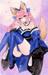  \m/ animal_ears bare_shoulders bow breasts cleavage detached_sleeves fate/extra fate_(series) fox_ears fox_tail hair_bow hair_ribbon japanese_clothes long_hair medium_breasts miyako_(xxxbibit) pink_hair ribbon solo tail tamamo_(fate)_(all) tamamo_no_mae_(fate) thighhighs traditional_media twintails yellow_eyes 