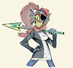  colored_nails eye_patch eyewear female fish hair marine melee_weapon polearm red_hair red_nails simple_background spear undertale undyne video_games weapon yellow_sclera 