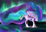  2015 aurora_borealis cutie_mark equine eyes_closed feathered_wings feathers female feral friendship_is_magic fur hair horn mammal multicolored_hair my_little_pony nightshroud princess_celestia_(mlp) reflection royalty sad sky solo star white_feathers white_fur winged_unicorn wings 