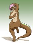  anthro areola breasts female gradient_background half-closed_eyes invalid_tag kittydee mammal mustelid navel nipples nude otter simple_background solo standing teeth 