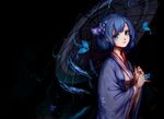  alternate_costume blue_eyes blue_hair butterfly_on_hand cirno darkness floral_print flower hair_flower hair_ornament highres ice ice_wings japanese_clothes kimono kiyomasa_ren looking_at_viewer oriental_umbrella smile solo touhou umbrella wide_sleeves wings 