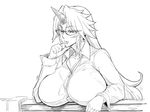  bespectacled breast_rest breasts casual collared_shirt glasses greyscale half-closed_eyes horn horns hoshiguma_yuugi huge_breasts lips long_hair monochrome numahana oni pointy_ears semi-rimless_eyewear shirt sketch solo touhou under-rim_eyewear wrist_cuffs 