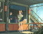  animal_ear_fluff animal_ears bare_legs blue_eyes detached_sleeves dress fox_ears headphones hood hood_down hoodie original poco_(asahi_age) pointing pointing_up sandals shiratama_kitsune shop stairs tail 