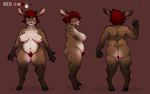  2014 anthro areola big_breasts blush breasts brown_fur butt cervine deer female fist fur green_eyes hair hooves horn mammal model_sheet navel nipples nude ojififo pubes rear_view red_(ojififo) red_background red_fur red_hair side_boob side_view simple_background slightly_chubby solo spots white_fur 