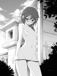  ahoge blush braid breasts eyebrows_visible_through_hair greyscale hair_flaps hair_ornament hair_over_shoulder kantai_collection long_hair monochrome nipples panties panty_pull remodel_(kantai_collection) shigure_(kantai_collection) single_braid small_breasts solo topless underwear yammy 