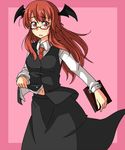  :o bad_id bad_pixiv_id bat_wings belly_peek bespectacled blush book border collared_shirt dress_shirt glasses head_wings holding holding_book keruto koakuma long_hair long_sleeves looking_at_viewer navel necktie pink_background red-framed_eyewear red_eyes red_hair red_neckwear semi-rimless_eyewear shirt shirt_lift simple_background skirt skirt_set solo touhou vest vest_lift white_shirt wings 
